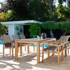 Stern Gartenmöbel-Set LEAH mit Gartentisch aus Teak und Dekton 200x100 cm sowie 6x Sessel LEAH