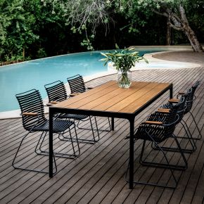 Houe Gartensitzgarnituren Set 6x Sessel Click Black mit FOUR Gartentisch aus Bambus Alu Black 90x210 cm