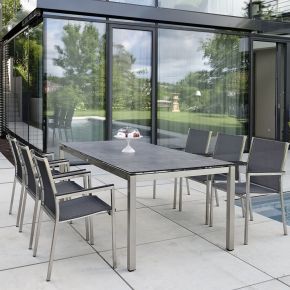 Stern Gartenmöbel-Set bestehend aus 6x Stapelsessel Polaris, Penta Edelstahl mit Nivelliersystem und  Tischplatte Dekor Zement 220x100cm