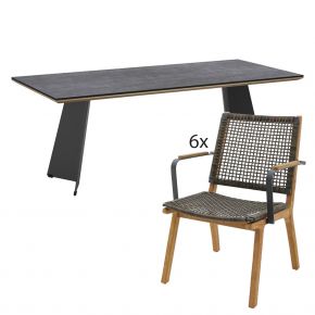 Zebra Tisch Ajax Platte HPL beton auf teak mit 6x Lenyx Dining-Sessel Alu graphite, Teak gebürstet